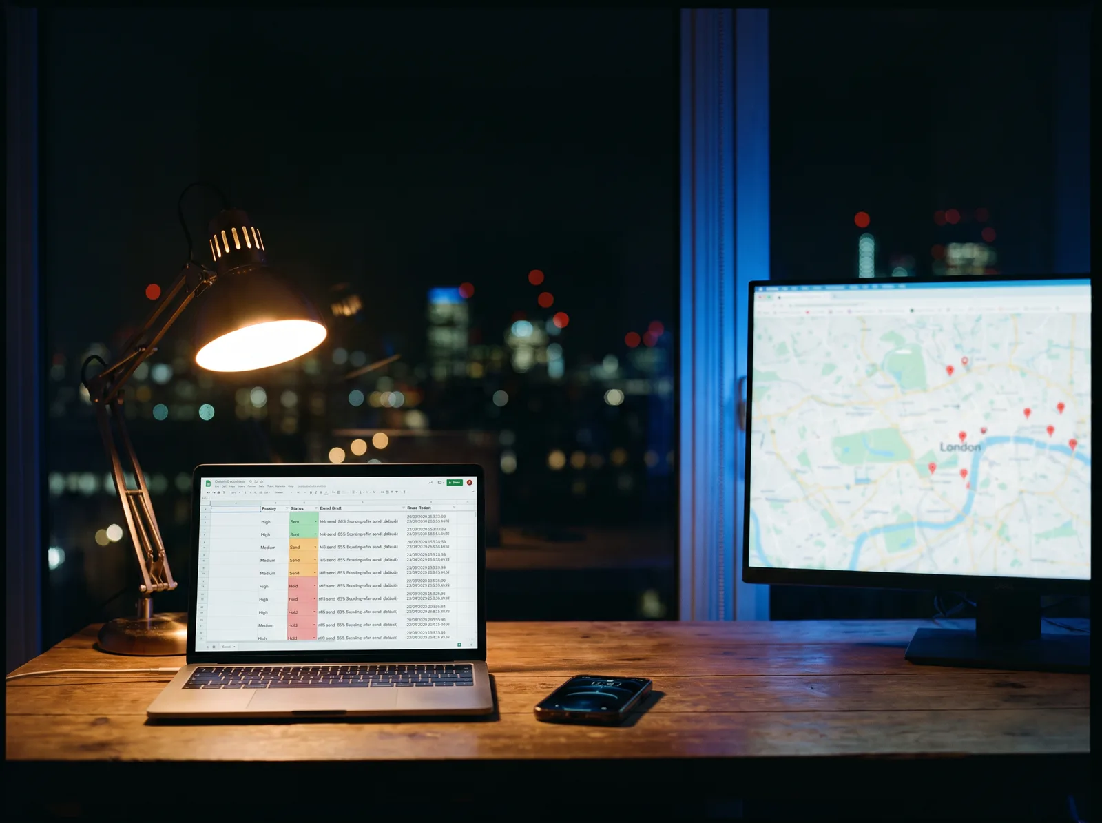 A laptop showing a spreadsheet of leads marked Send and Hold, a map of London on a second screen.