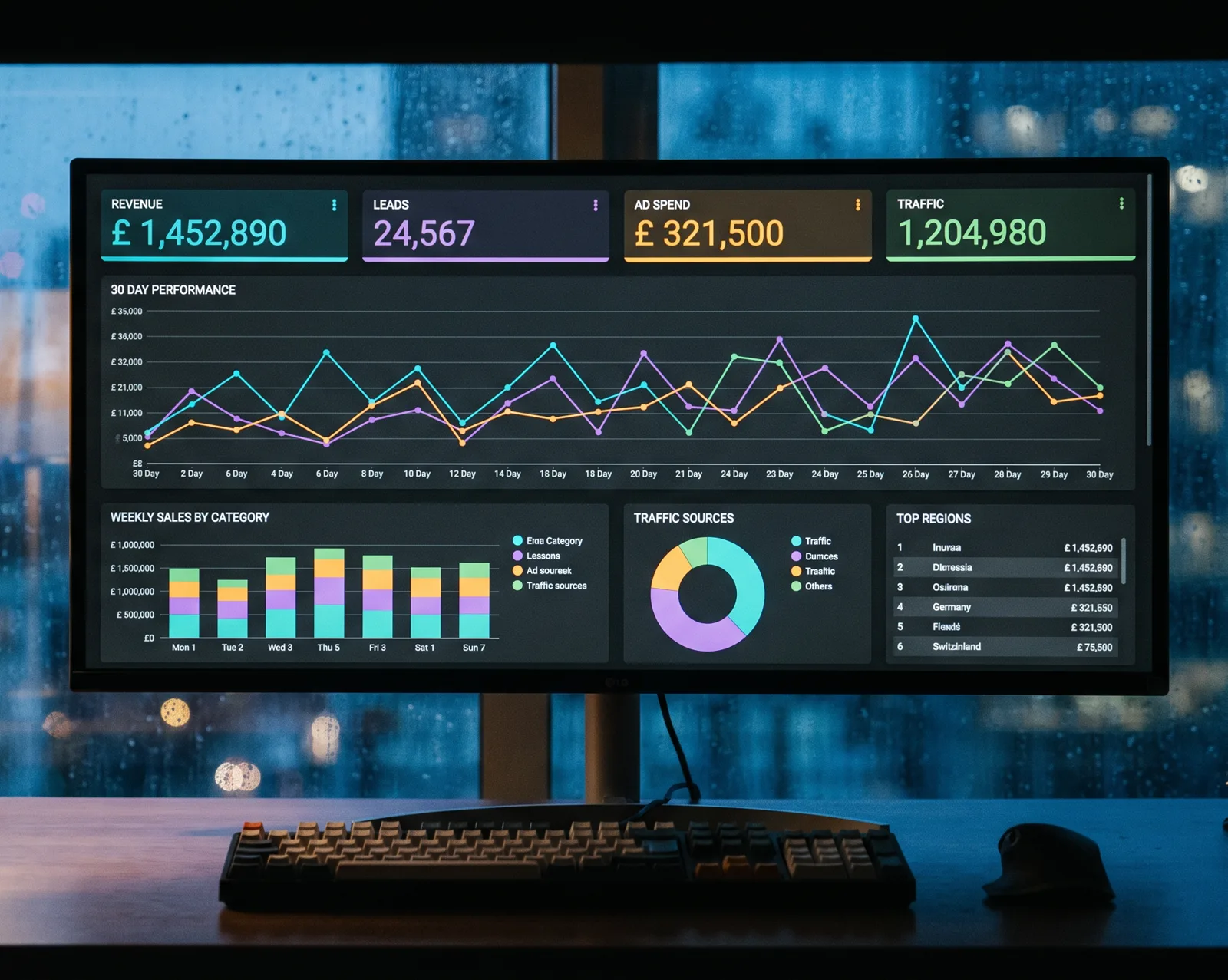 A wall screen in a small office showing an analytics dashboard of charts.
