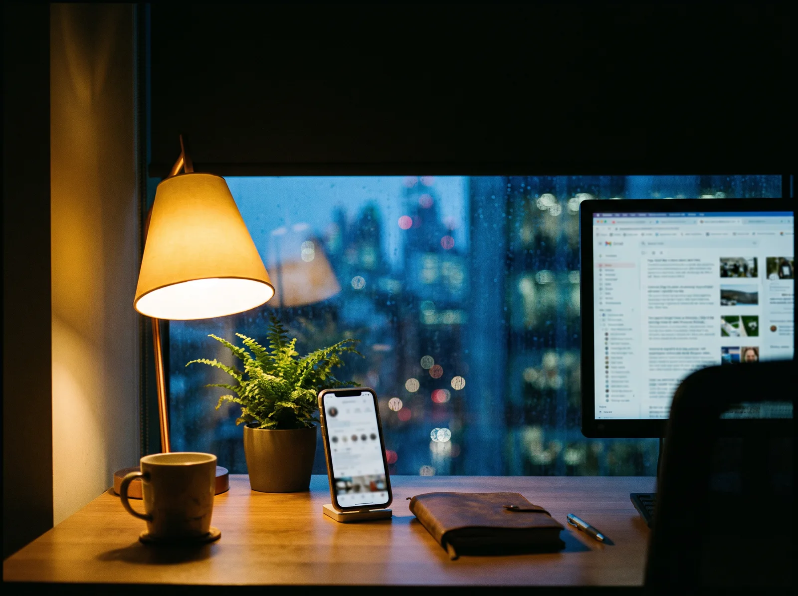 A monitor showing a written article and a column of scheduled posts, a phone beside it.